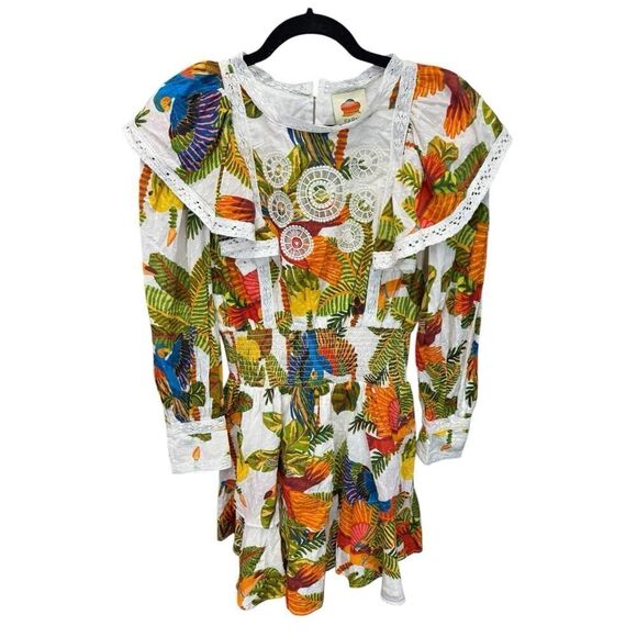 Farm Rio Tropical Birds Mini Dress Small Boho Ruffle Sleeve 100% Cotton - Picture 6 of 13